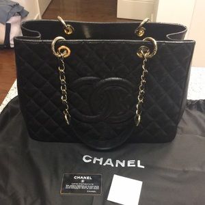 Black leather quilted GST tote with gold hardware